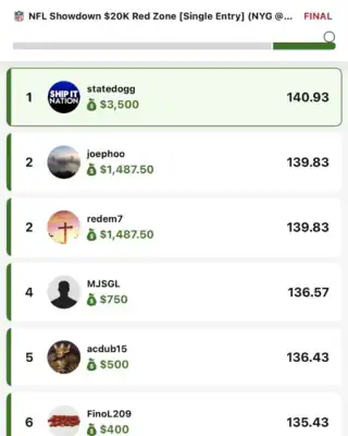 statedogg $3,500 NFL DFS win screenshot