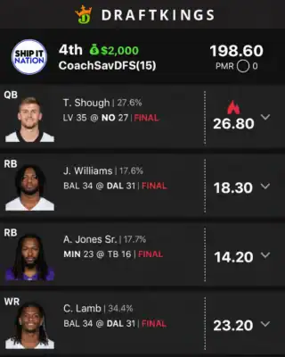 CoachSavDFS $2,000 NFL DFS win screenshot