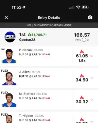 Gootse28 $1,786.71 NFL DFS win screenshot