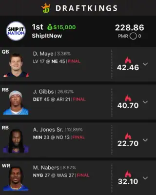 ShipItNow $15,000 NFL DFS win screenshot