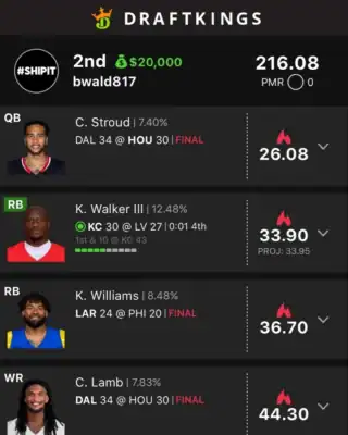 bwald817 $20,000 NFL DFS win screenshot
