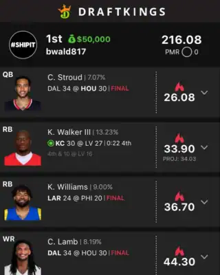 bwald817 $50,000 NFL DFS win screenshot