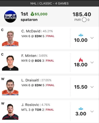 spataron $5,000 NHL DFS win screenshot