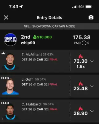whip99 $10,000 NFL DFS win screenshot